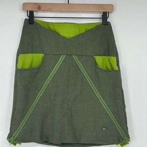 SKUNKFUNK Paule Green Geometric Print A-Line Skirt Zipper Detail Ethical Size M